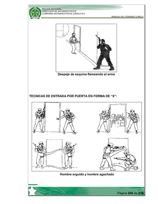 POLICIA NACIONAL
DIRECCION DE ANTINARCOTICOS
COMPAÑÍA ANTINARCOTICOS JUNGLA R-2
MANUAL DEL COMANDO JUNGLA
Página 205 de 216
Despeje de esquina flameando el arma
TECNICAS DE ENTRADA POR PUERTA EN FORMA DE “X”:
Hombre erguido y hombre agachado
 