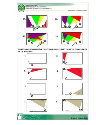 POLICIA NACIONAL
DIRECCION DE ANTINARCOTICOS
COMPAÑÍA ANTINARCOTICOS JUNGLA R-2
MANUAL DEL COMANDO JUNGLA
Página 210 de 216
21. 22.
23. 24.
PUNTOS DE DOMINACION Y SECTORES DE FUEGO CUARTO CON PUERTA
EN LA ESQUINA:
1. 2.
3. 4.
5. 6.
7. 8.
 