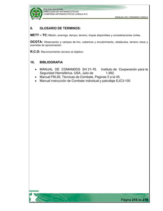 POLICIA NACIONAL
DIRECCION DE ANTINARCOTICOS
COMPAÑÍA ANTINARCOTICOS JUNGLA R-2
MANUAL DEL COMANDO JUNGLA
Página 215 de 216
8. GLOSARIO DE TERMINOS:
METT – TC: Misión, enemigo, tiempo, terreno, tropas disponibles y consideraciones civiles.
OCOTA: Observación y campos de tiro, cobertura y encubrimiento, obstáculos, terreno clave y
avenidas de aproximación.
R.C.O: Reconocimiento cercano al objetivo.
10. BIBLIOGRAFIA
MANUAL DE COMANDOS SH 21-76. Instituto de Cooperación para la
Seguridad Hemisférica. USA. Julio de 1.992.
Manual FM-26, Técnicas de Combate, Paginas 5 a la 45.
Manual instrucción de Combate individual y patrullaje EJC3-100
 