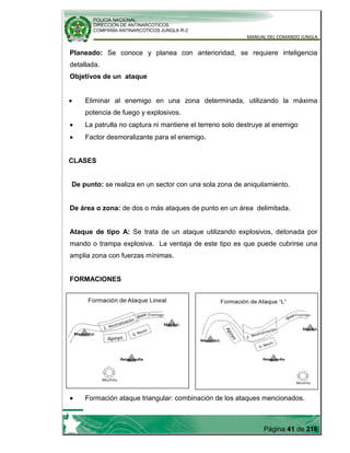 POLICIA NACIONAL
DIRECCION DE ANTINARCOTICOS
COMPAÑÍA ANTINARCOTICOS JUNGLA R-2
MANUAL DEL COMANDO JUNGLA
Página 41 de 216
Planeado: Se conoce y planea con anterioridad, se requiere inteligencia
detallada.
Objetivos de un ataque
Eliminar al enemigo en una zona determinada, utilizando la máxima
potencia de fuego y explosivos.
La patrulla no captura ni mantiene el terreno solo destruye al enemigo
Factor desmoralizante para el enemigo.
CLASES
De punto: se realiza en un sector con una sola zona de aniquilamiento.
De área o zona: de dos o más ataques de punto en un área delimitada.
Ataque de tipo A: Se trata de un ataque utilizando explosivos, detonada por
mando o trampa explosiva. La ventaja de este tipo es que puede cubrirse una
amplia zona con fuerzas mínimas.
FORMACIONES
Formación ataque triangular: combinación de los ataques mencionados.
 
