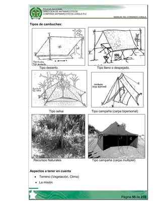 POLICIA NACIONAL
DIRECCION DE ANTINARCOTICOS
COMPAÑÍA ANTINARCOTICOS JUNGLA R-2
MANUAL DEL COMANDO JUNGLA
Página 55 de 216
Tipos de cambuches:
Tipo desierto. Tipo llano o despejado.
Tipo selva Tipo campaña (carpa bipersonal)
Recursos Naturales Tipo campaña (carpa multiplel)
Aspectos a tener en cuenta
Terreno (Vegetación, Clima)
La misión
 