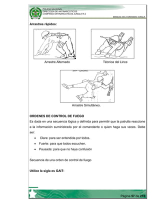 POLICIA NACIONAL
DIRECCION DE ANTINARCOTICOS
COMPAÑÍA ANTINARCOTICOS JUNGLA R-2
MANUAL DEL COMANDO JUNGLA
Página 57 de 216
Arrastres rápidos:
Arrastre Alternado Técnica del Lince
Arrastre Simultáneo.
ORDENES DE CONTROL DE FUEGO
Es dada en una secuencia lógica y definida para permitir que la patrulla reaccione
a la información suministrada por el comandante o quien haga sus veces. Debe
ser:
Clara: para ser entendida por todos.
Fuerte: para que todos escuchen.
Pausada: para que no haya confusión
Secuencia de una orden de control de fuego
Utilice la sigla es GAIT:
 