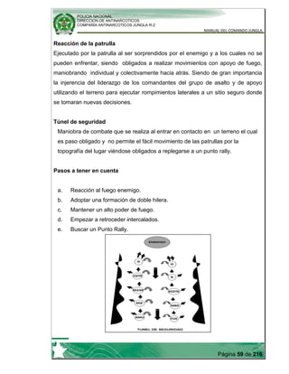 POLICIA NACIONAL
DIRECCION DE ANTINARCOTICOS
COMPAÑÍA ANTINARCOTICOS JUNGLA R-2
MANUAL DEL COMANDO JUNGLA
Página 59 de 216
Reacción de la patrulla
Ejecutado por la patrulla al ser sorprendidos por el enemigo y a los cuales no se
pueden enfrentar, siendo obligados a realizar movimientos con apoyo de fuego,
maniobrando individual y colectivamente hacia atrás. Siendo de gran importancia
la injerencia del liderazgo de los comandantes del grupo de asalto y de apoyo
utilizando el terreno para ejecutar rompimientos laterales a un sitio seguro donde
se tomaran nuevas decisiones.
Túnel de seguridad
Maniobra de combate que se realiza al entrar en contacto en un terreno el cual
es paso obligado y no permite el fácil movimiento de las patrullas por la
topografía del lugar viéndose obligados a replegarse a un punto rally.
Pasos a tener en cuenta
a. Reacción al fuego enemigo.
b. Adoptar una formación de doble hilera.
c. Mantener un alto poder de fuego.
d. Empezar a retroceder intercalados.
e. Buscar un Punto Rally.
 