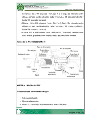 POLICIA NACIONAL
DIRECCION DE ANTINARCOTICOS
COMPAÑÍA ANTINARCOTICOS JUNGLA R-2
MANUAL DEL COMANDO JUNGLA
Página 70 de 216
- Sostenida: 85 a 100 disparos / min. (De 4 a 5 Seg). De intervalos entre
ráfagas cortas), cambio el cañón cada 10 minutos. (85 obturador abierto y
hasta 100 obturador cerrado).
- Rápida: 180 a 200 disparos / min. (De 2 a 3 Seg). De intervalos entre
ráfagas cortas), cambio el cañón cada 2 minutos. (180 obturador abierto y
hasta 200 obturador cerrado).
- Cíclica: 725 a 850 disparos / min. (Obturación Constante); cambio cañón
cada minuto. (725 obturador abierto y hasta 850 obturador cerrado.
Partes de la Ametralladora M-249
AMETRALLADORA NEGEV
Características Ametralladora Negev
Fabricación Israelí.
Refrigerada por aire.
Opera por retroceso de gases(sistema abierto del perno..
 