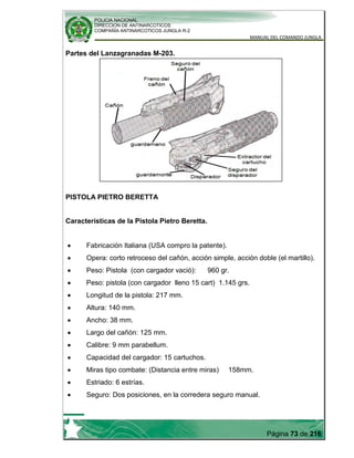 POLICIA NACIONAL
DIRECCION DE ANTINARCOTICOS
COMPAÑÍA ANTINARCOTICOS JUNGLA R-2
MANUAL DEL COMANDO JUNGLA
Página 73 de 216
Partes del Lanzagranadas M-203.
PISTOLA PIETRO BERETTA
Características de la Pistola Pietro Beretta.
Fabricación Italiana (USA compro la patente).
Opera: corto retroceso del cañón, acción simple, acción doble (el martillo).
Peso: Pistola (con cargador vació): 960 gr.
Peso: pistola (con cargador lleno 15 cart) 1.145 grs.
Longitud de la pistola: 217 mm.
Altura: 140 mm.
Ancho: 38 mm.
Largo del cañón: 125 mm.
Calibre: 9 mm parabellum.
Capacidad del cargador: 15 cartuchos.
Miras tipo combate: (Distancia entre miras) 158mm.
Estriado: 6 estrías.
Seguro: Dos posiciones, en la corredera seguro manual.
 