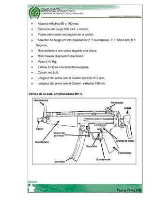 POLICIA NACIONAL
DIRECCION DE ANTINARCOTICOS
COMPAÑÍA ANTINARCOTICOS JUNGLA R-2
MANUAL DEL COMANDO JUNGLA
Página 76 de 216
Alcance efectivo 80 a 100 mts.
Cadencia de fuego 800 cart. x minuto.
Posee silenciador enroscado en el cañón.
Selector de fuego en tres posiciones (F = Automático, E = Tiro a tiro, S =
Seguro).
Mira delantera con poste regable a la altura.
Mira trasera Dispositivo mecánico.
Peso 3.40 Kg.
Estrías 6 rayas a la derecha levógiras.
Culatin retráctil.
Longitud del arma con el Culatin retraído 610 mm.
Longitud del arma con el Culatin extraído 780mm.
Partes de la sub- ametralladora MP-5.
 