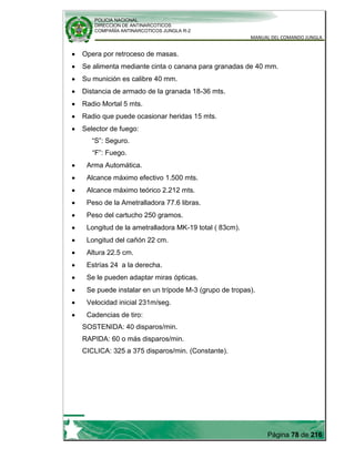 POLICIA NACIONAL
DIRECCION DE ANTINARCOTICOS
COMPAÑÍA ANTINARCOTICOS JUNGLA R-2
MANUAL DEL COMANDO JUNGLA
Página 78 de 216
Opera por retroceso de masas.
Se alimenta mediante cinta o canana para granadas de 40 mm.
Su munición es calibre 40 mm.
Distancia de armado de la granada 18-36 mts.
Radio Mortal 5 mts.
Radio que puede ocasionar heridas 15 mts.
Selector de fuego:
“S”: Seguro.
“F”: Fuego.
Arma Automática.
Alcance máximo efectivo 1.500 mts.
Alcance máximo teórico 2.212 mts.
Peso de la Ametralladora 77.6 libras.
Peso del cartucho 250 gramos.
Longitud de la ametralladora MK-19 total ( 83cm).
Longitud del cañón 22 cm.
Altura 22.5 cm.
Estrías 24 a la derecha.
Se le pueden adaptar miras ópticas.
Se puede instalar en un trípode M-3 (grupo de tropas).
Velocidad inicial 231m/seg.
Cadencias de tiro:
SOSTENIDA: 40 disparos/min.
RAPIDA: 60 o más disparos/min.
CICLICA: 325 a 375 disparos/min. (Constante).
 