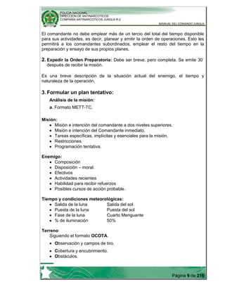 POLICIA NACIONAL
DIRECCION DE ANTINARCOTICOS
COMPAÑÍA ANTINARCOTICOS JUNGLA R-2
MANUAL DEL COMANDO JUNGLA
Página 9 de 216
El comandante no debe emplear más de un tercio del total del tiempo disponible
para sus actividades, es decir, planear y emitir la orden de operaciones. Esto les
permitirá a los comandantes subordinados, emplear el resto del tiempo en la
preparación y ensayo de sus propios planes.
2. Expedir la Orden Preparatoria: Debe ser breve, pero completa. Se emite 30`
después de recibir la misión.
Es una breve descripción de la situación actual del enemigo, el tiempo y
naturaleza de la operación.
3. Formular un plan tentativo:
Análisis de la misión:
a. Formato METT-TC.
Misión:
Misión e intención del comandante a dos niveles superiores.
Misión e intención del Comandante inmediato.
Tareas específicas, implícitas y esenciales para la misión.
Restricciones.
Programación tentativa.
Enemigo:
Composición
Disposición – moral.
Efectivos
Actividades recientes
Habilidad para recibir refuerzos
Posibles cursos de acción probable.
Tiempo y condiciones meteorológicas:
Salida de la luna Salida del sol
Puesta de la luna Puesta del sol
Fase de la luna Cuarto Menguante
% de iluminación 50%
Terreno:
Siguiendo el formato OCOTA.
Observación y campos de tiro.
Cobertura y encubrimiento.
Obstáculos.
 