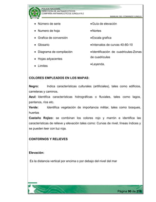 POLICIA NACIONAL
DIRECCION DE ANTINARCOTICOS
COMPAÑÍA ANTINARCOTICOS JUNGLA R-2
MANUAL DEL COMANDO JUNGLA
Página 90 de 216
Número de serie
Numero de hoja
Grafica de conversión
Glosario
Diagrama de compilación
Hojas adyacentes
Limites
Guía de elevación
Nortes
Escala grafica
Intervalos de curvas 40-80-10
Identificación de cuadriculas-Zonas
de cuadriculas
Leyenda.
COLORES EMPLEADOS EN LOS MAPAS:
Negro: Indica características culturales (artificiales), tales como edificios,
carreteras y caminos.
Azul: Identifica características hidrográficas o fluviales, tales como lagos,
pantanos, ríos etc.
Verde: Identifica vegetación de importancia militar, tales como bosques,
huertas
Castaño Rojizo: se combinan los colores rojo y marrón e identifica las
características de relieve y elevación tales como: Curvas de nivel, líneas índices y
se pueden leer con luz roja.
CONTORNOS Y RELIEVES
Elevación:
Es la distancia vertical por encima o por debajo del nivel del mar
 