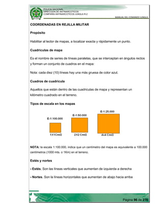 POLICIA NACIONAL
DIRECCION DE ANTINARCOTICOS
COMPAÑÍA ANTINARCOTICOS JUNGLA R-2
MANUAL DEL COMANDO JUNGLA
Página 96 de 216
COORDENADAS EN REJILLA MILITAR
Propósito
Habilitar al lector de mapas, a localizar exacta y rápidamente un punto.
Cuadriculas de mapa
Es el nombre de series de líneas paralelas, que se interceptan en ángulos rectos
y forman un conjunto de cuadros en el mapa:
Nota: cada diez (10) líneas hay una más gruesa de color azul.
Cuadros de cuadricula
Aquellos que están dentro de las cuadriculas de mapa y representan un
kilómetro cuadrado en el terreno.
Tipos de escala en los mapas
NOTA: la escala 1:100.000, indica que un centímetro del mapa es equivalente a 100.000
centímetros (1000 mts. o 1Km) en el terreno.
Estés y nortes
- Estés. Son las líneas verticales que aumentan de izquierda a derecha
- Nortes. Son la líneas horizontales que aumentan de abajo hacia arriba
 