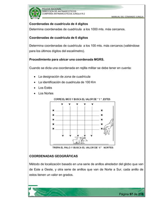 POLICIA NACIONAL
DIRECCION DE ANTINARCOTICOS
COMPAÑÍA ANTINARCOTICOS JUNGLA R-2
MANUAL DEL COMANDO JUNGLA
Página 97 de 216
Coordenadas de cuadrícula de 4 dígitos
Determina coordenadas de cuadricula a los 1000 mts. más cercanos.
Coordenadas de cuadrícula de 6 dígitos
Determina coordenadas de cuadricula a los 100 mts. más cercanos (valiéndose
para los últimos dígitos del escalímetro).
Procedimiento para ubicar una coordenada MGRS.
Cuando se dicta una coordenada en rejilla militar se debe tener en cuenta:
La designación de zona de cuadricula
La identificación de cuadricula de 100 Km
Los Estés
Los Nortes
COORDENADAS GEOGRÁFICAS
Método de localización basado en una serie de anillos alrededor del globo que van
de Este a Oeste, y otra serie de anillos que van de Norte a Sur, cada anillo de
estos tienen un valor en grados.
 