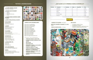 26 27
¿A QUIÉN DEBERÍAS SEGUIR?
Usuarios que te mencionan
¿USUARIOS QUE TE SIGUEN?
•	 Expertos
•	 Portavoces
•	 Publicaciones de tu sector
•	 Eventos
¿A QUIÉN SIGUEN VUESTROS COMPE-
TIDORES?
¿QUIÉN OS INCLUYE EN LAS LISTAS?
BUSCADORES:
http://topsy.com/
http://www.crowdeye.com/
USUARIO:
http://www.tweetdeck.com/
http://hootsuite.com
http://twitterrific.com/
FOLLOWERS:
http://twitterless.com/
http://useqwitter.com/ (quién te deja de seguir)
http://friendorfollow.com/ (compara seguidores/seguidos)
ESTADÍSTICAS:
http://twittercounter.com
http://tweeps.info
http://www.twitalyzer.com/
Imágenes: http://twitpic.com/
ACORTADORES URL:
http://bit.ly/
http://ow.ly/
http://tinyurl.com
MÁS HERRAMIENTAS:
http://delicious.com/Victorpuig/twitter
EBOOK:
Twitter para quien no usa Twitter
http://www.bubok.com/libros/16583/twitter-
para-quien-no-usa-twitter
¿QUIÉN LO ESTÁ HACIENDO BIEN?:
http://twitter.com/gallinablanca
http://twitter.com/bancosabadell
http://twitter.com/cajanavarra
http://twitter.com/jlori
http://twitter.com/guiarepsol
http://twitter.com/snappybook
http://twitter.com/GuyKawasaki
http://twitter.com/gabycastellanos
http://twitter.com/mashable
http://twitter.com/marilink
http://twitter.com/Yoriento
http://www.registromarcastwitter.com/
TUITEANDO: ¿QUÉ CONSEGUIMOS?
•	 VISIBILIDAD ONLINE A COSTE CERO
•	 SI VENDES ONLINE, ES ESENCIAL ESTAR
ONLINE
•	 REPUTACIÓN
•	 MONITORIZACIÓN
•	 ATENCIÓN AL CLIENTE: Y A UN CLIENTE
EXIGENTE Y CONECTADO
•	 FUENTE DE TRÁFICO A TU WEB
•	 FUENTE DE INFORMACIÓN SOBRE EL
MERCADO Y LA COMPETENCIA
•	 FUENTE DE CONTACTOS: SOCIOS, PRO-
VEEDORES, PARTNERS…
•	 ¿PUEDES SACARLE PARTIDO EN VENTA
DIRECTA?
TWITTER: EL MICROBLOGGING
NÚMERO DE USUARIOS: +104 millones
MEDIA DE USUARIOS JUGANDO A LA VEZ:
58.000
SEGM. DE MAYOR CREC.: 13 -18 años
MÁS DATOS:
•	 Sehallegadoaexpandira31países
•	 Estádisponibleen20idiomas
•	 Diariamente se unen más de 75.000 usuarios nuevos
(seregistran9.500.000visitantesúnicosalmes)
¿QUÉ HACEN LAS 10 PRIMERAS MARCAS ESPAÑOLAS?
Fuente:http://blog.zoomlabs.es/2010/04/las-diez-primeras-marcas-espanolas-por-su-valor-econmico-en-españolas
 