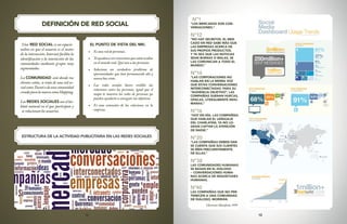 12 13
Nº1
“LOS MERCADOS SON CON-
VERSACIONES.”
Nº12
“NO HAY SECRETOS. EL MER-
CADO EN RED SABE MÁS QUE
LAS EMPRESAS ACERCA DE
SUS PROPIOS PRODUCTOS.
Y YA SEA QUE LAS NOTICIAS
SEAN BUENAS O MALAS, SE
LAS COMUNICAN A TODO EL
MUNDO.”
Nº14
“LAS CORPORACIONES NO
HABLAN EN LA MISMA VOZ
QUE ESTAS CONVERSACIONES
INTERCONECTADAS. PARA SU
“AUDIENCIA OBJETIVO”, LAS
COMPAÑÍAS SUENAN HUECAS,
OPACAS, LITERALMENTE INHU-
MANAS.”
Nº16
“HOY EN DÍA, LAS COMPAÑÍAS
QUE HABLAN EL LENGUAJE
DEL CHARLATÁN, YA NO LO-
GRAN CAPTAR LA ATENCIÓN
DE NADIE.”
Nº20
“LAS COMPAÑÍAS DEBEN DAR-
SE CUENTA QUE SUS CLIENTES
SE RÍEN FRECUENTEMENTE.
DE ELLAS.”
Nº38
LAS COMUNIDADES HUMANAS
SE BASAN EN EL DIÁLOGO
-- CONVERSACIONES HUMA-
NAS ACERCA DE INQUIETUDES
HUMANAS.
Nº40
LAS COMPAÑÍAS QUE NO PER-
TENECEN A UNA COMUNIDAD
DE DIÁLOGO, MORIRÁN.
Cluetrain Manifesto, 1999
DEFINICIÓN DE RED SOCIAL
Una RED SOCIAL es un espacio
online en que el usuario es el motor
de la interacción. Internet facilita la
identificación y la interacción de las
comunidades mediante grupos muy
segmentados.
La COMUNIDAD está donde tus
clientes están, se trate de una red so-
cialcomoTuentiodeunacomunidad
creadaparalamarcacomoHapping.
Las REDES SOCIALES son el há-
bitat natural en el que participan y
se relacionan los usuarios.
EL PUNTO DE VISTA DEL MK:
•	 Es una red de personas.
•	 Teayudanaverconexionesqueestánocultas
en el mundo real. Qué une a las personas.
•	 Soluciona un verdadero problema de
oportunidades que han permanecido ahí y
nunca has visto.
•	 Las redes sociales hacen visibles las
relaciones entre las personas, igual que el
mapa te muestra las redes de personas qu
pueden ayudarte a conseguir tus objetivos.
•	 Es una extensión de las relaciones en la
empresa.
ESTRUCTURA DE LA ACTIVIDAD PUBLICITARIA EN LAS REDES SOCIALES
 