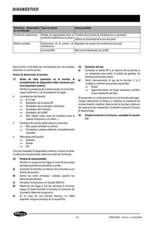 DIAGNÓSTICO
2-8 DDNX163(E) - Edición 1 de 05/20044
Pérdida de prestaciones Pérdida de estanqueidad entre la
bombadetransferenciayelcuerpo
Tornillos de la bomba de transferencia no apretados
Defecto de planeidad de la cara del cárter
Ralenti inestable Oscilaciones de la presión de
transferencia
Regulador de presión de transferencia averiado
Corriente IMV Mal control del llenado por la IMV
Síntomas observados
en el vehículo
Tipo de avería Causa posible
Este primer nivel debe ser completado por las pruebas
descritos a continuación.
Antes de desmontar la bomba:
(1) Antes de toda operación en la bomba, el
procedimiento de diagnóstico debe comenzar por
una inspección externa.
Verificar la presencia de contaminación en la bomba,
luego confirmar (o no) la presencia de fugas:
• Localización del líquido:
=> En el eje
=> Alrededor de la salida AP
=> Alrededor de la entrada o del banjo
=> Alrededor del limitador
=> Alrededor de la IMV
=> Otro (tapón vaso, zona de contacto entre la
cabeza hidráulica y el cárter...)
• Cantidad de líquido observada en la bomba:
=> Muy poca cantidad (u olores)
=> Contactos y piezas externas completamente
mojadas
• Naturaleza del líquido:
=> Gasóleo
=> Aceite
=> Otr
Una vez realizado el diagnóstico externo, limpiar el cárter
y todos los componentes externos antes de continuar.
(2) Prueba de estanqueidad
Verificar la ausencia de fugas al nivel de las juntas
de estanqueidad combustible y aceite:
a/ Conectar la entrada y el retorno de la bomba a una
fuente de presión.
b/ Cerrar las otras entradas / salidas usando los
tapones apropiados.
c/ Introducir la bomba en el líquido IS04113.
d/ Observar las fugas a 0,5 bar durante 3 minutos,
luego a 2 bares durante 3 minutos. El aumento de
la presión debe ser progresivo.
e/ En el caso de una bomba estanca, no debe
aparecer ninguna burbuja en la superficie.
(3) Rotación del eje
a/ Conectar la salida AP y el retorno de la bomba a
un recipiente para evitar la salida de gasóleo (la
bomba puede estar llena).
b/ Girar manualmente el eje de la bomba (1 a 2
vueltas) y verificar los puntos siguientes:
=> Ruido
=> Agarrotamiento (si fuese necesario, verificar
el par resistente del eje).
Si se percibe un ruido anormal y/o si la bomba está agar-
rotada, desmontar el Venturi y verificar la presencia de
contaminación metálica. Desmontar la bomba y efectuar
las reparaciones necesarias. Consultar la sección (3) para
el desmontaje.
(4) Prueba funcional en el banco, consultar la sección
2.2.
 