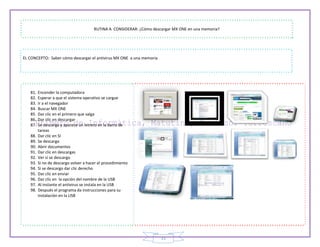 15
RUTINA A CONSIDERAR: ¿Cómo descargar MX ONE en una memoria?
EL CONCEPTO: Saber cómo descargar el antivirus MX ONE a una memoria
81. Encender la computadora
82. Esperar a que el sistema operativo se cargue
83. Ir a el navegador
84. Buscar MX ONE
85. Dar clic en el primero que salga
86. Dar clic en descargar
87. Se descarga y aparece un letrero en la barra de
tareas
88. Dar clic en SI
89. Se descarga
90. Abrir documentos
91. Dar clic en descargas
92. Ver si se descargo
93. Si no de descargo volver a hacer el procedimiento
94. Si se descargo dar clic derecho
95. Dar clic en enviar
96. Dar clic en la opción del nombre de la USB
97. Al instante el antivirus se instala en la USB
98. Después el programa da instrucciones para su
instalación en la USB
 