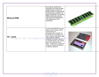 46
Memoria RAM
Es un tipo de memoria de
ordenador que puede acceder
aleatoriamente; es decir, se
puede acceder a cualquier byte
de memoria sin acceder a los
bytes precedentes. La memoria
RAM es el tipo de memoria
más común en ordenadores y
otros dispositivos como
impresoras.
PC - Cards
 La norma de PCMCIA es la que
define a las PC Cards. Las PC
Cards pueden ser
almacenamiento o tarjetas de
I/O. Estas son compactas, muy
fiable, y ligeras haciéndolos ideal
para notebooks, palmtop,
handheld y los PDAs,. Debido a
su pequeño tamaño, son usadas
para el almacenamiento de
datos, aplicaciones, tarjetas de
memoria, cámaras electrónicas
y teléfonos celulares.
 
