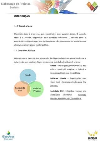 INTRODUÇÃO


1. O Terceiro Setor


O primeiro setor é o governo, que é responsável pelas questões sociais. O segundo
setor é o privado, responsável pelas questões individuais. O terceiro setor é
constituído por Organizações sem fins lucrativos e não governamentais, que tem como
objetivo gerar serviços de caráter público.

1.1 Conceitos Básicos


O terceiro setor nasce de uma aglutinação das Organizações da sociedade, conforme a
natureza de seus objetivos. Assim, temos nossa sociedade dividida em 3 setores:
                                              Estado – Instituições governamentais, das
                                              esferas municipal, estadual e federal -
                                              Recursos públicos para fins públicos.
            Estado
                                              Iniciativa Privada – Organizações que
                                              visam lucro - Recursos privados para fins
                                              privados.
 Sociedade             Iniciativa
    Civil               Privada               Sociedade Civil – Cidadãos reunidos em
                                              associações    voluntárias    -    Recursos
                                              privados e públicos para fins públicos.
 