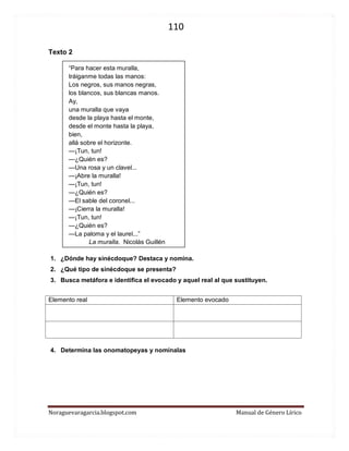 110 
Noraguevaragarcia.blogspot.com Manual de Género Lírico 
Texto 2 
“Para hacer esta muralla, 
tráiganme todas las manos: 
Los negros, sus manos negras, 
los blancos, sus blancas manos. 
Ay, 
una muralla que vaya 
desde la playa hasta el monte, 
desde el monte hasta la playa, 
bien, 
allá sobre el horizonte. 
—¡Tun, tun! 
—¿Quién es? 
—Una rosa y un clavel... 
—¡Abre la muralla! 
—¡Tun, tun! 
—¿Quién es? 
—El sable del coronel... 
—¡Cierra la muralla! 
—¡Tun, tun! 
—¿Quién es? 
—La paloma y el laurel...” 
La muralla. Nicolás Guillén 
1. ¿Dónde hay sinécdoque? Destaca y nomina. 
2. ¿Qué tipo de sinécdoque se presenta? 
3. Busca metáfora e identifica el evocado y aquel real al que sustituyen. 
Elemento real 
Elemento evocado 
4. Determina las onomatopeyas y nomínalas 
 