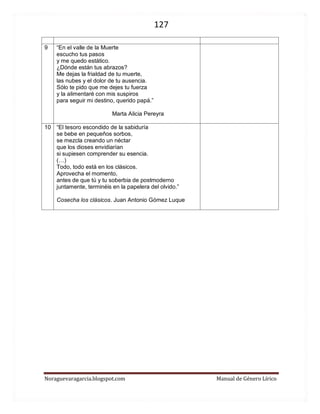 127 
Noraguevaragarcia.blogspot.com Manual de Género Lírico 
9 
“En el valle de la Muerte 
escucho tus pasos 
y me quedo estático. 
¿Dónde están tus abrazos? 
Me dejas la frialdad de tu muerte, 
las nubes y el dolor de tu ausencia. 
Sólo te pido que me dejes tu fuerza 
y la alimentaré con mis suspiros 
para seguir mi destino, querido papá.” 
Marta Alicia Pereyra 
10 
“El tesoro escondido de la sabiduría 
se bebe en pequeños sorbos, 
se mezcla creando un néctar 
que los dioses envidiarían 
si supiesen comprender su esencia. 
(…) 
Todo, todo está en los clásicos. 
Aprovecha el momento, 
antes de que tú y tu soberbia de postmoderno 
juntamente, terminéis en la papelera del olvido.” 
Cosecha los clásicos. Juan Antonio Gómez Luque 
 