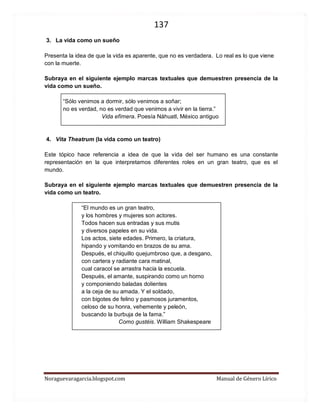 137 
Noraguevaragarcia.blogspot.com Manual de Género Lírico 
3. La vida como un sueño 
Presenta la idea de que la vida es aparente, que no es verdadera. Lo real es lo que viene con la muerte. 
Subraya en el siguiente ejemplo marcas textuales que demuestren presencia de la vida como un sueño. 
“Sólo venimos a dormir, sólo venimos a soñar; 
no es verdad, no es verdad que venimos a vivir en la tierra.” 
Vida efímera. Poesía Náhuatl, México antiguo 
4. Vita Theatrum (la vida como un teatro) 
Este tópico hace referencia a idea de que la vida del ser humano es una constante representación en la que interpretamos diferentes roles en un gran teatro, que es el mundo. 
Subraya en el siguiente ejemplo marcas textuales que demuestren presencia de la vida como un teatro. 
“El mundo es un gran teatro, y los hombres y mujeres son actores. Todos hacen sus entradas y sus mutis y diversos papeles en su vida. Los actos, siete edades. Primero, la criatura, hipando y vomitando en brazos de su ama. Después, el chiquillo quejumbroso que, a desgano, con cartera y radiante cara matinal, cual caracol se arrastra hacia la escuela. Después, el amante, suspirando como un horno y componiendo baladas dolientes a la ceja de su amada. Y el soldado, con bigotes de felino y pasmosos juramentos, celoso de su honra, vehemente y peleón, buscando la burbuja de la fama.” Como gustéis. William Shakespeare 
 