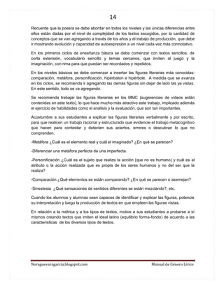 14 
Noraguevaragarcia.blogspot.com Manual de Género Lírico 
Recuerde que la poesía se debe abordar en todos los niveles y las únicas diferencias entre ellos están dadas por el nivel de complejidad de los textos escogidos, por la cantidad de conceptos que se van agregando a través de los años y el trabajo de producción, que debe ir mostrando evolución y capacidad de autoexpresión a un nivel cada vez más connotativo. 
En los primeros ciclos de enseñanza básica se debe comenzar con textos sencillos, de corta extensión, vocabulario sencillo y temas cercanos, que inviten al juego y la imaginación, con rima para que puedan ser recordados y repetidos. 
En los niveles básicos se debe comenzar a insertar las figuras literarias más conocidas: comparación, metáfora, personificación, hipérbaton e hipérbole. A medida que se avanza en los ciclos, se recomienda ir agregando las demás figuras sin dejar de lado las ya vistas. En este sentido, todo se va agregando. 
Se recomienda trabajar las figuras literarias en los MMC (sugerencias de videos están contenidas en este texto), lo que hace mucho más atractivo este trabajo, implicado además el ejercicio de habilidades como el análisis y la evaluación, que son tan importantes. 
Acostumbre a sus estudiantes a explicar las figuras literarias verbalmente y por escrito, para que realicen un trabajo racional y estructurado que evidencie el trabajo metacognitivo que hacen para contestar y detecten sus aciertos, errores o descubran lo que no comprenden. 
-Metáfora ¿Cuál es el elemento real y cuál el imaginado? ¿En qué se parecen? 
-Diferenciar una metáfora perfecta de una imperfecta. 
-Personificación ¿Cuál es el sujeto que realiza la acción (que no es humano) y cuál es el atributo o la acción realizada que es propia de los seres humanos y no del ser que la realiza? 
-Comparación ¿Qué elementos se están comparando? ¿En qué se parecen o asemejan? 
-Sinestesia ¿Qué sensaciones de sentidos diferentes se están mezclando?, etc. 
Cuando los alumnos y alumnas sean capaces de identificar y explicar las figuras, potencie su interpretación y luego la producción de textos en que empleen las figuras vistas. 
En relación a la métrica y a los tipos de textos, motive a sus estudiantes a probarse a sí mismos creando textos que imiten el ideal latino (equilibrio forma-fondo) de acuerdo a las características de los diversos tipos de textos. 
 