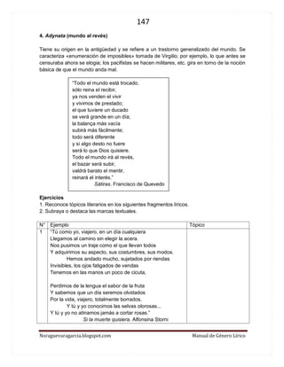147 
Noraguevaragarcia.blogspot.com Manual de Género Lírico 
4. Adynata (mundo al revés) 
Tiene su origen en la antigüedad y se refiere a un trastorno generalizado del mundo. Se caracteriza «enumeración de imposibles» tomada de Virgilio; por ejemplo, lo que antes se censuraba ahora se elogia; los pacifistas se hacen militares, etc. gira en torno de la noción básica de que el mundo anda mal. 
“Todo el mundo está trocado, sólo reina el recibir, ya nos venden el vivir y vivimos de prestado; el que tuviere un ducado se verá grande en un día; la balança más vacía subirá más fácilmente; todo será diferente y si algo desto no fuere será lo que Dios quisiere. Todo el mundo irá al revés, el bazar será subir, valdrá barato el mentir, reinará el interés.” 
Sátiras. Francisco de Quevedo 
Ejercicios 
1. Reconoce tópicos literarios en los siguientes fragmentos líricos. 
2. Subraya o destaca las marcas textuales. 
N° 
Ejemplo 
Tópico 
1 
“Tú como yo, viajero, en un día cualquiera Llegamos al camino sin elegir la acera. Nos pusimos un traje como el que llevan todos Y adquirimos su aspecto, sus costumbres, sus modos. 
Hemos andado mucho, sujetados por riendas Invisibles, los ojos fatigados de vendas Tenemos en las manos un poco de cicuta, 
Perdimos de la lengua el sabor de la fruta Y sabemos que un día seremos olvidados Por la vida, viajero, totalmente borrados. 
Y tú y yo conocimos las selvas olorosas... Y tú y yo no atinamos jamás a cortar rosas.” 
Si la muerte quisiera. Alfonsina Storni 
 