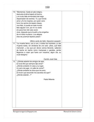 150 
Noraguevaragarcia.blogspot.com Manual de Género Lírico 
10 
“Moriremos. Caído el velo indigno, desnuda el alma bajará al Averno, y el crudo fallo enmendará del ciego dispensador de eventos. Tú, que hondo amor y fe me inspiras, por quien vano furor me oprime de áspero deseo, vive feliz, si puede en este mundo feliz alguien vivir. por mí no vierte el suave licor del vaso avaro Jove, después que el sueño y los engaños de mi niñez murieron. Los alegres días de juventud rápidos pasan.” 
Último canto de Safo. Giacomo Leopardi 
11 
“La muerte llama, uno a uno, a todos los hombres y a las mujeres todas, sin olvidarse de uno solo -¡Dios, qué fatal memoria!-, y los que por ahora vamos librando, saltando de bache en bache como mariposas o gacelas, jamás llegamos a creer que fuera con nosotros, algún día, su cruel designio.” 
Camilo José Cela 
12 
“¿Dónde estarán los amigos de ayer, 
la novia fiel que siempre dije amar? 
¿Dónde andarán mi casa y su lugar, 
mi carro de jugar, mi calle de correr? 
¿Dónde andarán la chica que me amó, 
el rincón que escondió mis secretos de ayer? 
¿Dónde estarán...?” 
Pablo Milanés 
 