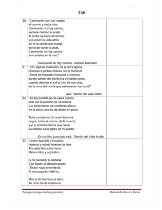 156 
Noraguevaragarcia.blogspot.com Manual de Género Lírico 
30 
“Caminante, son tus huellas el camino y nada más; Caminante, no hay camino, se hace camino al andar. Al andar se hace el camino, y al volver la vista atrás se ve la senda que nunca se ha de volver a pisar. Caminante no hay camino sino estelas en la mar.” 
Caminante no hay camino. Antonio Machado 
31 
“¡Oh, lejanas memorias de la tierra lejana, olorosas a yerbas frescas por la mañana! ¡Tierra de maizales húmedos y sonoros donde cantan del viento los invisibles coros, cuando deshoja el sol la rosa de sus oros, en la cima del monte que estremecen los toros!” 
Ave. Ramón del valle Inclán 
32 
“Yo iba perdido por la selva oscura, sólo oía el quebrar de mi cadena, y vi encenderse con medrosa albura, en la selva, una luz de ánima en pena. 
Tuve conciencia. Vi la sombra mía negra, sobre el camino de la muerte, y vi tu sombra blanca que decía su oración a los tigres de mi suerte.” 
En un libro guardado está. Ramón del Valle Inclán 
33 
“Lector apacible y bucólico, Ingenuo y sobrio hombre de bien, Tira este libro saturniano, Melancólico y orgiástico. 
Si no cursaste tu retórica Con Satán, el decano astuto, ¡Tíralo! nada entenderás O me juzgarás histérico. 
Mas si de hechizos a salvo, Tu mirar tienta el abismo, 
 