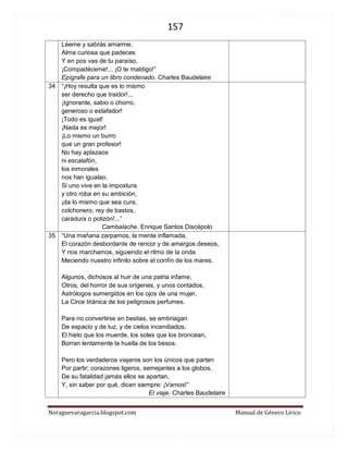 157 
Noraguevaragarcia.blogspot.com Manual de Género Lírico 
Léeme y sabrás amarme; Alma curiosa que padeces Y en pos vas de tu paraíso, ¡Compadéceme!... ¡O te maldigo!” 
Epígrafe para un libro condenado. Charles Baudelaire 
34 
“¡Hoy resulta que es lo mismo ser derecho que traidor!... ¡Ignorante, sabio o chorro, generoso o estafador! ¡Todo es igual! ¡Nada es mejor! ¡Lo mismo un burro que un gran profesor! No hay aplazaos ni escalafón, los inmorales nos han igualao. Si uno vive en la impostura y otro roba en su ambición, ¡da lo mismo que sea cura, colchonero, rey de bastos, caradura o polizón!...” 
Cambalache. Enrique Santos Discépolo 
35 
“Una mañana zarpamos, la mente inflamada, El corazón desbordante de rencor y de amargos deseos, Y nos marchamos, siguiendo el ritmo de la onda Meciendo nuestro infinito sobre el confín de los mares. Algunos, dichosos al huir de una patria infame; Otros, del horror de sus orígenes, y unos contados, Astrólogos sumergidos en los ojos de una mujer, La Circe tiránica de los peligrosos perfumes. Para no convertirse en bestias, se embriagan De espacio y de luz, y de cielos incendiados; El hielo que los muerde, los soles que los broncean, Borran lentamente la huella de los besos. Pero los verdaderos viajeros son los únicos que parten Por partir; corazones ligeros, semejantes a los globos, De su fatalidad jamás ellos se apartan, Y, sin saber por qué, dicen siempre: ¡Vamos!” 
El viaje. Charles Baudelaire 
 