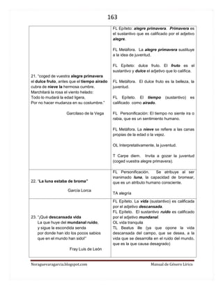 163 
Noraguevaragarcia.blogspot.com Manual de Género Lírico 
21. “coged de vuestra alegre primavera 
el dulce fruto, antes que el tiempo airado 
cubra de nieve la hermosa cumbre. 
Marchitará la rosa el viento helado: 
Todo lo mudará la edad ligera, 
Por no hacer mudanza en su costumbre.” 
Garcilaso de la Vega 
FL Epíteto: alegre primavera. Primavera es el sustantivo que es calificado por el adjetivo alegre. 
FL Metáfora. La alegre primavera sustituye a la idea de juventud. 
FL Epíteto: dulce fruto. El fruto es el sustantivo y dulce el adjetivo que lo califica. 
FL Metáfora. El dulce fruto es la belleza, la juventud. 
FL Epíteto. El tiempo (sustantivo) es calificado como airado. 
FL Personificación: El tiempo no siente ira o rabia, que es un sentimiento humano. 
FL Metáfora. La nieve se refiere a las canas propias de la edad o la vejez. 
OL Interpretativamente, la juventud. 
T Carpe diem. Invita a gozar la juventud (coged vuestra alegre primavera). 
22. “La luna estaba de broma” 
García Lorca 
FL Personificación. Se atribuye al ser inanimado luna, la capacidad de bromear, que es un atributo humano consciente. 
TA alegría 
23. “¡Qué descansada vida 
La que huye del mundanal ruido, 
y sigue la escondida senda 
por donde han ido los pocos sabios 
que en el mundo han sido!” 
Fray Luis de León 
FL Epíteto. La vida (sustantivo) es calificada por el adjetivo descansada. 
FL Epíteto. El sustantivo ruido es calificado por el adjetivo mundanal. 
OL vida tranquila 
TL Beatus ille (ya que opone la vida descansada del campo, que se desea, a la vida que se desarrolla en el ruido del mundo, que es la que causa desagrado)  
