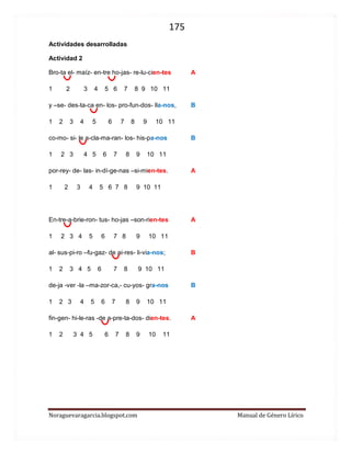 175 
Noraguevaragarcia.blogspot.com Manual de Género Lírico 
Actividades desarrolladas 
Actividad 2 
Bro-ta el- maíz- en-tre ho-jas- re-lu-cien-tes A 
1 2 3 4 5 6 7 8 9 10 11 
y –se- des-ta-ca en- los- pro-fun-dos- lla-nos, B 
1 2 3 4 5 6 7 8 9 10 11 
co-mo- si- le a-cla-ma-ran- los- his-pa-nos B 
1 2 3 4 5 6 7 8 9 10 11 
por-rey- de- las- in-dí-ge-nas –si-mien-tes. A 
1 2 3 4 5 6 7 8 9 10 11 
En-tre-a-brie-ron- tus- ho-jas –son-rien-tes A 
1 2 3 4 5 6 7 8 9 10 11 
al- sus-pi-ro –fu-gaz- de ai-res- li-via-nos; B 
1 2 3 4 5 6 7 8 9 10 11 
de-ja -ver -la –ma-zor-ca,- cu-yos- gra-nos B 
1 2 3 4 5 6 7 8 9 10 11 
fin-gen- hi-le-ras -de a-pre-ta-dos- dien-tes. A 
1 2 3 4 5 6 7 8 9 10 11 
 