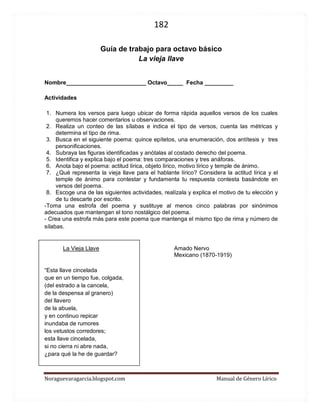 182 
Noraguevaragarcia.blogspot.com Manual de Género Lírico 
Guía de género lírico para octavo básico 
La vieja llave 
Nombre_________________________ Octavo_____ Fecha _________ 
Actividades 
1. Numera los versos para luego ubicar de forma rápida aquellos versos de los cuales queremos hacer comentarios u observaciones. 
2. Realiza un conteo de las sílabas e indica el tipo de versos, cuenta las métricas y determina el tipo de rima. 
3. Busca en el siguiente poema: quince epítetos, una enumeración, dos antítesis y tres personificaciones. 
4. Subraya las figuras identificadas y anótalas al costado derecho del poema. 
5. Identifica y explica bajo el poema: tres comparaciones y tres anáforas. 
6. Anota bajo el poema: actitud lírica, objeto lírico, motivo lírico y temple de ánimo. 
7. ¿Qué representa la vieja llave para el hablante lírico? Considera la actitud lírica y el temple de ánimo para contestar y fundamenta tu respuesta contesta basándote en versos del poema. 
8. Escoge una de las siguientes actividades, realízala y explica el motivo de tu elección y de tu descarte por escrito. 
-Toma una estrofa del poema y sustituye al menos cinco palabras por sinónimos adecuados que mantengan el tono nostálgico del poema. 
- Crea una estrofa más para este poema que mantenga el mismo tipo de rima y número de sílabas. 
La Vieja Llave Amado Nervo 
Mexicano (1870-1919) 
“Esta llave cincelada 
que en un tiempo fue, colgada, 
(del estrado a la cancela, 
de la despensa al granero) 
del llavero 
de la abuela, 
y en continuo repicar 
inundaba de rumores 
los vetustos corredores; 
esta llave cincelada, 
si no cierra ni abre nada, 
¿para qué la he de guardar? 
 