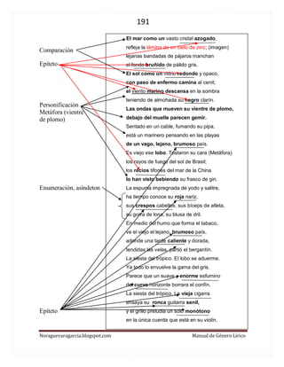 191 
Noraguevaragarcia.blogspot.com Manual de Género Lírico 
Comparación 
Epíteto 
Personificación 
Metáfora (vientre 
de plomo) 
Enumeración, asíndeton 
Epíteto 
El mar como un vasto cristal azogado, 
refleja la lámina de un cielo de zinc; (imagen) 
lejanas bandadas de pájaros manchan 
el fondo bruñido de pálido gris. 
El sol como un vidrio redondo y opaco, 
con paso de enfermo camina al cenit; 
el viento marino descansa en la sombra 
teniendo de almohada su negro clarín. 
Las ondas que mueven su vientre de plomo, 
debajo del muelle parecen gemir. 
Sentado en un cable, fumando su pipa, 
está un marinero pensando en las playas 
de un vago, lejano, brumoso país. 
Es viejo ese lobo. Tostaron su cara (Metáfora) 
los rayos de fuego del sol de Brasil; 
los recios tifones del mar de la China 
lo han visto bebiendo su frasco de gin. 
La espuma impregnada de yodo y salitre, 
ha tiempo conoce su roja nariz, 
sus crespos cabellos, sus bíceps de atleta, 
su gorra de lona, su blusa de dril. 
En medio del humo que forma el tabaco, 
ve el viejo el lejano, brumoso país, 
adonde una tarde caliente y dorada, 
tendidas las velas, partió el bergantín. 
La siesta del trópico. El lobo se aduerme. 
Ya todo lo envuelve la gama del gris. 
Parece que un suave y enorme esfumino 
del curvo horizonte borrara el confín. 
La siesta del trópico. La vieja cigarra 
ensaya su ronca guitarra senil, 
y el grillo preludia un solo monótono 
en la única cuerda que está en su violín. 
 