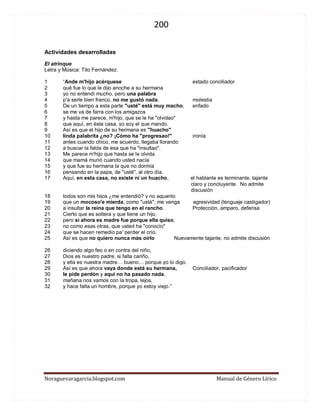 200 
Noraguevaragarcia.blogspot.com Manual de Género Lírico 
Actividades desarrolladas El atrinque Letra y Música: Tito Fernández. 1 “Ande m'hijo acérquese estado conciliador 2 qué fue lo que le dijo anoche a su hermana 3 yo no entendí mucho, pero una palabra 4 p'a serle bien franco, no me gustó nada. molestia 5 De un tiempo a esta parte "usté" está muy macho, enfado 6 se me va de farra con los amigazos 7 y hasta me parece, m'hijo, que se le ha "olvidao" 8 que aquí, en ésta casa, yo soy el que mando. 9 Así es que el hijo de su hermana es "huacho" 10 linda palabrita ¿no? ¡Cómo ha "progresao!" ironía 11 antes cuando chico, me acuerdo, llegaba llorando 12 a buscar la falda de esa que ha "insultao". 13 Me parece m'hijo que hasta se le olvida 14 que mamá murió cuando usted nacía 15 y que fue su hermana la que no dormía 16 pensando en la papa, de "usté", al otro día. 17 Aquí, en esta casa, no existe ni un huacho, el hablante es terminante, tajante claro y concluyente. No admite discusión 18 todos son mis hijos ¿me entendió? y no aguanto 19 que un mocoso'e mierda, como "usté", me venga agresividad (lenguaje castigador) 20 a insultar la reina que tengo en el rancho. Protección, amparo, defensa 21 Cierto que es soltera y que tiene un hijo, 22 pero si ahora es madre fue porque ella quiso, 23 no como esas otras, que usted ha "conocío" 24 que se hacen remedio pa' perder el crío. 25 Así es que no quiero nunca más oírlo Nuevamente tajante, no admite discusión 26 diciendo algo feo o en contra del niño, 27 Dios es nuestro padre, si falta cariño, 28 y ella es nuestra madre… bueno… porque yo lo digo. 29 Así es que ahora vaya donde está su hermana, Conciliador, pacificador 30 le pide perdón y aquí no ha pasado nada, 31 mañana nos vamos con la tropa, lejos, 32 y hace falta un hombre, porque yo estoy viejo.” 
 