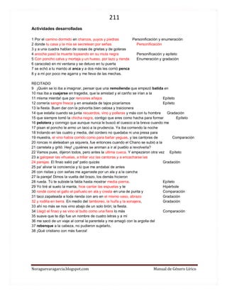 211 
Noraguevaragarcia.blogspot.com Manual de Género Lírico 
Actividades desarrolladas 
1 Por el camino dormido en charcos, yuyos y piedras Personificación y enumeración 
2 donde tu casa y la mía se secretean por señas Personificación 
3 y a una cuadra hablan de cosas de grietas y de goteras 
4 anoche pasó la muerte topeando en su mula negra Personificación y epíteto 
5 Con poncho calva y mortaja y un hueso, por lazo y rienda Enumeración y gradación 
6 caracoleó en mi ventana y se detuvo en tu puerta 
7 se echó a tu marido al anca y a dos más les corrió penca 
8 y a mí por poco me agarra y me lleva de las mechas. 
RECITADO 
9 ¡Quién se lo iba a imaginar, pensar que una remolienda que empezó batida en 
10 risa iba a cuajarse en tragedia, que la amistad y el cariño se irían a la 
11 misma mierda! que por rencores añejos Epíteto 
12 correría sangre fresca y en ensalada de tajos picaríamos Epíteto 
13 la fiesta. Buen dar con la polvorita bien celosa y traicionera 
14 que estalla cuando se junta recuerdos, vino y polleras y más con tu hombre Gradación 
15 que siempre tomó la chicha negra, contigo que eres como hacha para formar Epíteto 
16 pelotera y conmigo que aunque nunca le buscó el cuesco a la breva cuando me 
17 pisan el poncho le armo un taco a la prudencia. Ya iba corriendo la noche 
18 trotando en las cuatro y media, del cordero no quedaba ni una presa para 
19 muestra, el vino había corrido como para bañar yeguas, y las cantoras de Comparación 
20 roncas ni aleteaban ya siquiera, fue entonces cuando el Chano se subió a la 
21 carretela y gritó: Hey! ¿quiénes se animan a ir al pueblo a revolverla? 
22 Vamos pues, dijeron todos, pero antes la ultima cueca. Y empezaron otra vez Epíteto 
23 a galopear las vihuelas, a trillar voz las cantoras y a encacharse las 
24 parejas. El finao salió pal' patio quizás Gradación 
25 pa' aliviar la conciencia y tú que me andabai de antes 
26 con risitas y con señas me agarraste por un ala y a la cancha 
27 la pareja! Dimos la vuelta del brazo, los demás hicieron 
28 rueda. Tú te subiste la falda hasta mostrar media pierna. Epíteto 
29 Yo tiré al suelo la manta, hice cantar las espuelas y te Hipérbole 
30 rondé como el gallo el pañuelo en ala y cresta en una de punta y Comparación 
31 taco zapateada a toda rienda con aro en el mismo vaso, abrazo Gradación 
32 y rodilla en tierra. En medio del tamboreo, la huifa y la sonajera, Gradación 
33 ahí no más se nos vino abajo de un solo tirón; la fiesta. 
34 Llegó el finao y se vino al bulto como una fiera lo más Comparación 
35 suave que te dijo fue un nombre de cuatro letras y a mí 
36 me sacó de un viaje al corral la parentela y me amagó con la argolla del 
37 rebenque a la cabeza, no pudieron sujetarlo, 
38 ¡Qué cristiano con más fuerza! 
 