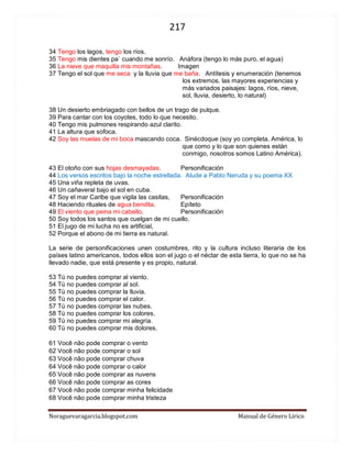 217 
Noraguevaragarcia.blogspot.com Manual de Género Lírico 
34 Tengo los lagos, tengo los ríos. 35 Tengo mis dientes pa` cuando me sonrío. Anáfora (tengo lo más puro, el agua) 36 La nieve que maquilla mis montañas. Imagen 37 Tengo el sol que me seca y la lluvia que me baña. Antítesis y enumeración (tenemos los extremos. las mayores experiencias y más variados paisajes: lagos, ríos, nieve, sol, lluvia, desierto, lo natural) 38 Un desierto embriagado con bellos de un trago de pulque. 39 Para cantar con los coyotes, todo lo que necesito. 40 Tengo mis pulmones respirando azul clarito. 41 La altura que sofoca. 42 Soy las muelas de mi boca mascando coca. Sinécdoque (soy yo completa, América, lo que como y lo que son quienes están conmigo, nosotros somos Latino América). 43 El otoño con sus hojas desmayadas. Personificación 44 Los versos escritos bajo la noche estrellada. Alude a Pablo Neruda y su poema XX 45 Una viña repleta de uvas. 46 Un cañaveral bajo el sol en cuba. 47 Soy el mar Caribe que vigila las casitas, Personificación 48 Haciendo rituales de agua bendita. Epíteto 49 El viento que peina mi cabello. Personificación 50 Soy todos los santos que cuelgan de mi cuello. 51 El jugo de mi lucha no es artificial, 52 Porque el abono de mi tierra es natural. La serie de personificaciones unen costumbres, rito y la cultura incluso literaria de los países latino americanos, todos ellos son el jugo o el néctar de esta tierra, lo que no se ha llevado nadie, que está presente y es propio, natural. 53 Tú no puedes comprar al viento. 54 Tú no puedes comprar al sol. 55 Tú no puedes comprar la lluvia. 56 Tú no puedes comprar el calor. 57 Tú no puedes comprar las nubes. 58 Tú no puedes comprar los colores. 59 Tú no puedes comprar mi alegría. 60 Tú no puedes comprar mis dolores. 61 Você não pode comprar o vento 62 Você não pode comprar o sol 63 Você não pode comprar chuva 64 Você não pode comprar o calor 65 Você não pode comprar as nuvens 66 Você não pode comprar as cores 67 Você não pode comprar minha felicidade 68 Você não pode comprar minha tristeza 
 