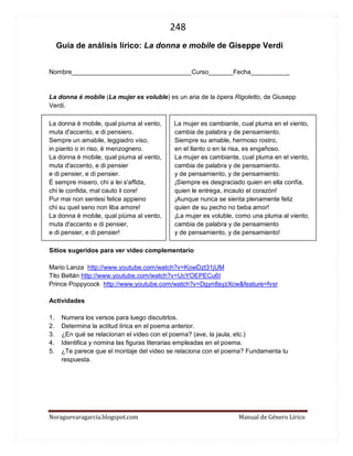 248 
Noraguevaragarcia.blogspot.com Manual de Género Lírico 
Guía de género lírico: La donna e mobile de Giseppe Verdi 
Nombre__________________________________Curso_______Fecha___________ 
La donna è mobile (La mujer es voluble) es un aria de la ópera Rigoletto, de Giusepp Verdi. 
La donna è mobile, qual piuma al vento, 
muta d'accento, e di pensiero. 
Sempre un amabile, leggiadro viso, 
in pianto o in riso, è menzognero. 
La donna è mobile, qual piuma al vento, 
muta d'accento, e di pensier 
e di pensier, e di pensier. 
È sempre misero, chi a lei s'affida, 
chi le confida, mal cauto il core! 
Pur mai non sentesi felice appieno 
chi su quel seno non liba amore! 
La donna è mobile, qual piùma al vento, 
muta d'accento e di pensier, 
e di pensier, e di pensier! 
La mujer es cambiante, cual pluma en el viento, 
cambia de palabra y de pensamiento. 
Siempre su amable, hermoso rostro, 
en el llanto o en la risa, es engañoso. 
La mujer es cambiante, cual pluma en el viento, 
cambia de palabra y de pensamiento. 
y de pensamiento, y de pensamiento. 
¡Siempre es desgraciado quien en ella confía, 
quien le entrega, incauto el corazón! 
¡Aunque nunca se sienta plenamente feliz 
quien de su pecho no beba amor! 
¡La mujer es voluble, como una pluma al viento, 
cambia de palabra y de pensamiento 
y de pensamiento, y de pensamiento! 
Sitios sugeridos para ver video complementario 
Mario Lanza http://www.youtube.com/watch?v=KowDzt31jUM 
Tito Beltán http://www.youtube.com/watch?v=UcYOEPECu6I 
Prince Poppycock http://www.youtube.com/watch?v=Dgyn8syzXcw&feature=fvsr 
Actividades 
1. Numera los versos para luego discutirlos. 
2. Determina la actitud lírica en el poema anterior. 
3. ¿En qué se relacionan el video con el poema? (ave, la jaula, etc.) 
4. Identifica y nomina las figuras literarias empleadas en el poema. 
5. ¿Te parece que el montaje del video se relaciona con el poema? Fundamenta tu respuesta. 
 