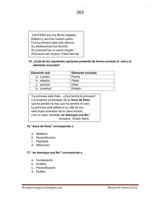 263 
Noraguevaragarcia.blogspot.com Manual de Género Lírico 
“LAUTARO era una flecha delgada. Elástico y azul fue nuestro padre. Fue su primera edad sólo silencio. Su adolescencia fue dominio. Su juventud fue un viento dirigido.” 
Educación del cacique. Pablo Neruda 
15. ¿Cuál de las siguientes opciones presenta de forma correcta el real y el elemento evocado? 
Elemento real 
Elemento evocado 
a. Lautaro 
Flecha 
b. Elástico 
Padre 
c. primera 
Edad 
d. juventud 
Dirigido 
“La princesa está triste... ¿Qué tendrá la princesa? Los suspiros se escapan de su boca de fresa, que ha perdido la risa, que ha perdido el color. La princesa está pálida en su silla de oro, está mudo el teclado de su clave sonoro, y en un vaso, olvidada, se desmaya una flor.” 
Sonatina. Rubén Darío 
16. “boca de fresa” corresponde a 
a. Metáfora 
b. Personificación 
c. Hipérbole 
d. Aliteración 
17. “se desmaya una flor” corresponde a 
a. Comparación 
b. Anáfora 
c. Personificación 
d. Epíteto 
 