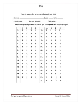 274 
Noraguevaragarcia.blogspot.com Manual de Género Lírico 
Hoja de respuestas tercera prueba de género lírico 
Nombre: ______________________________Curso: _____Fecha: _______ 
Puntaje ideal: _______ Puntaje obtenido: ________ Calificación: _________ 
I. Marca la respuesta pintando el círculo que corresponde a la opción escogida. 
A B C D 
A B C D 
1. 
2. 
3. 
4. 
5. 
6. 
7. 
8. 
9. 
10. 
11. 
12. 
13. 
14. 
15. 
0 0 0 0 
0 0 0 0 
0 0 0 0 
0 0 0 0 
0 0 0 0 
0 0 0 0 
0 0 0 0 
0 0 0 0 
0 0 0 0 
0 0 0 0 
0 0 0 0 
0 0 0 0 
0 0 0 0 
0 0 0 0 
0 0 0 0 
16. 
17. 
18. 
19. 
20. 
21. 
22. 
23. 
24. 
25. 
26. 
27. 
28. 
30. 
31. 
32. 
0 0 0 0 
0 0 0 0 
0 0 0 0 
0 0 0 0 
0 0 0 0 
0 0 0 0 
0 0 0 0 
0 0 0 0 
0 0 0 0 
0 0 0 0 
0 0 0 0 
0 0 0 0 
0 0 0 0 
0 0 0 0 
0 0 0 0 
0 0 0 0  