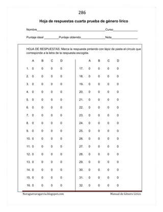 286 
Noraguevaragarcia.blogspot.com Manual de Género Lírico 
Hoja de respuestas cuarta prueba de género lírico 
Nombre__________________________________________Curso_______________ 
Puntaje ideal _________Puntaje obtenido_______________Nota________________ 
HOJA DE RESPUESTAS: Marca la respuesta pintando con lápiz de pasta el círculo que corresponde a la letra de la respuesta escogida. 
A B C D A B C D 
1. 0 0 0 0 17. 0 0 0 0 
2. 0 0 0 0 18. 0 0 0 0 
3. 0 0 0 0 19. 0 0 0 0 
4. 0 0 0 0 20. 0 0 0 0 
5. 0 0 0 0 21. 0 0 0 0 
6. 0 0 0 0 22. 0 0 0 0 
7. 0 0 0 0 23. 0 0 0 0 
8. 0 0 0 0 24. 0 0 0 0 
9. 0 0 0 0 25. 0 0 0 0 
10. 0 0 0 0 26. 0 0 0 0 
11. 0 0 0 0 27. 0 0 0 0 
12. 0 0 0 0 28. 0 0 0 0 
13. 0 0 0 0 29. 0 0 0 0 
14. 0 0 0 0 30. 0 0 0 0 
15. 0 0 0 0 31. 0 0 0 0 
16. 0 0 0 0 32. 0 0 0 0  