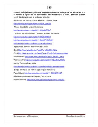 335 
Noraguevaragarcia.blogspot.com Manual de Género Lírico 
Videos sugeridos para reconocer figuras literarias 
Personificación 
Auto animales de dos en dos http://www.youtube.com/watch?v=H_VJwC7ZThM 
Auto y ejercicio perro personificado http://www.youtube.com/watch?v=0-9EYFJ4Clo 
Auto personificado http://www.youtube.com/watch?v=eXkyIJfCEYo 
Calentamiento global http://www.youtube.com/watch?v=He9laz4DH3I&feature=fvsr 
Personificación y empatía http://www.youtube.com/watch?v=bAEBy5S930g 
Ironía 
Pololo juega con mascota http://www.youtube.com/watch?v=fQ4AMxs5mk4 
Adán y Eva http://www.youtube.com/watch?v=AFMk548AXuw 
Condón (cuarto medio) http://www.youtube.com/watch?v=QwWXNJdMsoM 
El paraíso de los fumadoreshttp://www.youtube.com/watch?v=KBnmBdbyePw 
hipérbole 
Exagera un gas http://www.youtube.com/watch?v=Ng5qsh1qcFY 
Exagera mal aliento http://www.youtube.com/watch?v=TucXLUYqjWM 
Exagera duración chicle http://www.youtube.com/watch?v=3_8RDBPWBa0 
Construyamos el tren de mañana http://www.youtube.com/watch?v=JAsdLWAuBvE 
Exagera el poder del adhesivo http://www.youtube.com/watch?v=qaGkFcJqKfU 
Exagera el enamoramiento http://www.youtube.com/watch?v=mduU2zKUH6M 
Exagera la resistencia del auto http://www.youtube.com/watch?v=Q6_5J-irxhs 
gradación 
Hacia adelante http://www.youtube.com/watch?v=1LClqC05uVk 
Hacia adelante (grano arroz) http://www.youtube.com/watch?v=f5-hxwaVn7Y 
Hacia atrás (raza humana) http://www.youtube.com/watch?v=mEela8uyEJE 
 