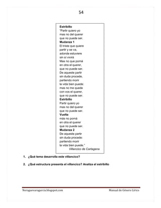 54 
Noraguevaragarcia.blogspot.com Manual de Género Lírico 
Estribillo 
“Partir quiero yo 
mas no del querer 
que no puede ser. 
Mudanza 1 
El triste que quiere 
partir y se va, 
adonde estuviere 
sin sí vivirá 
Mas no que porná 
en otra el querer, 
que no puede ser. 
De aqueste partir 
sin duda procede, 
partiendo morir 
la vida bien puede: 
mas no me quede 
con vos el querer, 
que no puede ser. 
Estribillo 
Partir quiero yo 
mas no del querer 
que no puede ser. 
Vuelta 
más no porná 
en otra el querer 
que no puede ser. 
Mudanza 2 
De aqueste partir 
sin duda procede: 
partiendo morir 
la vida bien puede.” 
Villancico de Cartagena 
1. ¿Qué tema desarrolla este villancico? 
2. ¿Qué estructura presenta el villancico? Analiza el estribillo 
 