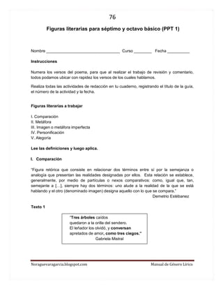 76 
Noraguevaragarcia.blogspot.com Manual de Género Lírico 
Figuras literarias para séptimo y octavo básico (PPT 1) 
Nombre _________________________________ Curso ________ Fecha __________ 
Instrucciones 
Numera los versos del poema, para que al realizar el trabajo de revisión y comentario, todos podamos ubicar con rapidez los versos de los cuales hablamos. 
Realiza todas las actividades de redacción en tu cuaderno, registrando el título de la guía, el número de la actividad y la fecha. 
Figuras literarias a trabajar 
I. Comparación 
II. Metáfora 
III. Imagen o metáfora imperfecta 
IV. Personificación 
V. Alegoría 
Lee las definiciones y luego aplica. 
I. Comparación 
“Figura retórica que consiste en relacionar dos términos entre sí por la semejanza o analogía que presentan las realidades designadas por ellos. Esta relación se establece, generalmente, por medio de partículas o nexos comparativos: como, igual que, tan, semejante a […], siempre hay dos términos: uno alude a la realidad de la que se está hablando y el otro (denominado imagen) designa aquello con lo que se compara.” 
Demetrio Estébanez 
Texto 1 
“Tres árboles caídos 
quedaron a la orilla del sendero. 
El leñador los olvidó, y conversan 
apretados de amor, como tres ciegos.” 
Gabriela Mistral 
 