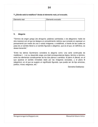84 
Noraguevaragarcia.blogspot.com Manual de Género Lírico 
Y ¿Dónde está la metáfora? Anota el elemento real y el evocado. 
Elemento real 
Elemento evocado 
V. Alegoría 
“Término de origen griego (de all-egoría: palabras cambiadas; o de allegoreno: hablo de otra manera) con el que se designa un procedimiento retórico que consiste en expresar un pensamiento por medio de una o varias imágenes, o metáforas, a través de las cuales se pasa de un sentido literal a un sentido figurado o alegórico, que es el que, en definitiva, se desea transmitir.” 
“Entre los latinos Quintiniano considera la alegoría como ‘una serie continuada de metáforas´(…) en su desarrollo exige una total correspondencia lógica, término a término, entre los elementos constituyentes de los dos planos o sentidos: el plano A (literal), en el que aparece el sentido inmediato dado por las imágenes evocadas, y el plano B (alegórico), en el que se sugiere un significado figurado, que puede ser de tipo amoroso, político, moral, religiosos, etc.” 
Demetrio Estébanez 
 