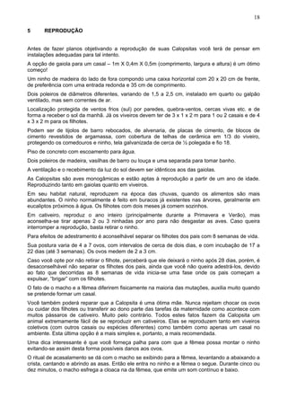 18
5

REPRODUÇÃO

Antes de fazer planos objetivando a reprodução de suas Calopsitas você terá de pensar em
instalações adequadas para tal intento.
A opção de gaiola para um casal – 1m X 0,4m X 0,5m (comprimento, largura e altura) é um ótimo
começo!
Um ninho de madeira do lado de fora compondo uma caixa horizontal com 20 x 20 cm de frente,
de preferência com uma entrada redonda e 35 cm de comprimento.
Dois poleiros de diâmetros diferentes, variando de 1,5 a 2,5 cm, instalado em quarto ou galpão
ventilado, mas sem correntes de ar.
Localização protegida de ventos frios (sul) por paredes, quebra-ventos, cercas vivas etc. e de
forma a receber o sol da manhã. Já os viveiros devem ter de 3 x 1 x 2 m para 1 ou 2 casais e de 4
x 3 x 2 m para os filhotes.
Podem ser de tijolos de barro rebocados, de alvenaria, de placas de cimento, de blocos de
cimento revestidos de argamassa, com cobertura de telhas de cerâmica em 1/3 do viveiro,
protegendo os comedouros e ninho, tela galvanizada de cerca de ½ polegada e fio 18.
Piso de concreto com escoamento para água.
Dois poleiros de madeira, vasilhas de barro ou louça e uma separada para tomar banho.
A ventilação e o recebimento da luz do sol devem ser idênticos aos das gaiolas.
As Calopsitas são aves monogâmicas e estão aptas à reprodução a partir de um ano de idade.
Reproduzindo tanto em gaiolas quanto em viveiros.
Em seu habitat natural, reproduzem na época das chuvas, quando os alimentos são mais
abundantes. O ninho normalmente é feito em buracos já existentes nas árvores, geralmente em
eucaliptos próximos à água. Os filhotes com dois meses já comem sozinhos.
Em cativeiro, reproduz o ano inteiro (principalmente durante a Primavera e Verão), mas
aconselha-se tirar apenas 2 ou 3 ninhadas por ano para não desgastar as aves. Caso queira
interromper a reprodução, basta retirar o ninho.
Para efeitos de adestramento é aconselhável separar os filhotes dos pais com 8 semanas de vida.
Sua postura varia de 4 a 7 ovos, com intervalos de cerca de dois dias, e com incubação de 17 a
22 dias (até 3 semanas). Os ovos medem de 2 a 3 cm.
Caso você opte por não retirar o filhote, perceberá que ele deixará o ninho após 28 dias, porém, é
desaconselhável não separar os filhotes dos pais, ainda que você não queira adestrá-los, devido
ao fato que decorridas as 8 semanas de vida inicia-se uma fase onde os pais começam a
expulsar, “brigar” com os filhotes.
O fato de o macho e a fêmea diferirem fisicamente na maioria das mutações, auxilia muito quando
se pretende formar um casal.
Você também poderá reparar que a Calopsita é uma ótima mãe. Nunca rejeitam chocar os ovos
ou cuidar dos filhotes ou transferir ao dono parte das tarefas da maternidade como acontece com
muitos pássaros de cativeiro. Muito pelo contrário. Todos estes fatos fazem da Calopsita um
animal extremamente fácil de se reproduzir em cativeiros. Elas se reproduzem tanto em viveiros
coletivos (com outros casais ou espécies diferentes) como também como apenas um casal no
ambiente. Esta última opção é a mais simples e, portanto, a mais recomendada.
Uma dica interessante é que você forneça palha para com que a fêmea possa montar o ninho
evitando-se assim desta forma possíveis danos aos ovos.
O ritual de acasalamento se dá com o macho se exibindo para a fêmea, levantando a abaixando a
crista, cantando e abrindo as asas. Então ele entra no ninho e a fêmea o segue. Durante cinco ou
dez minutos, o macho esfrega a cloaca na da fêmea, que emite um som contínuo e baixo.

 