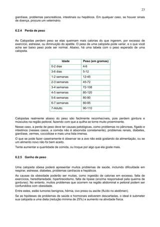 23
giardíase, problemas pancreáticos, intestinais ou hepáticos. Em qualquer caso, se houver sinais
de doença, procure um veterinário.
6.2.4 Perda de peso
As Calopsitas perdem peso se elas queimam mais calorias do que ingerem, por excesso de
exercício, estresse, ou diminuição do apetite. O peso de uma calopsita pode variar, e o que você
acha ser baixo peso pode ser normal. Abaixo, há uma tabela com o peso esperado de uma
calopsita.
Idade

Peso (em gramas)

0-2 dias

4-6

3-6 dias

5-12

1-2 semanas

12-45

2-3 semanas

45-72

3-4 semanas

72-108

4-5 semanas

80-120

5-6 semanas

80-90

6-7 semanas

80-95

7-Adulto

90-110

Calopsitas realmente abaixo do peso são facilmente reconhecíveis, pois perdem gordura e
músculos na região peitoral, fazendo com que a quilha se torne muito proeminente.
Nesse caso, a perda de peso deve ter causas patológicas, como problemas no pâncreas, fígado e
intestinos (nesses casos, a comida não é absorvida corretamente), problemas renais, diabetes,
giardíase, vermes, coccidiose e mais uma lista imensa.
O que se pode fazer caseiramente é observar se a ave não está gostando da alimentação, ou se
um alimento novo não foi bem aceito.
Tente aumentar a quantidade de comida, ou troque por algo que ela goste mais.
6.2.5 Ganho de peso
Uma calopsita obesa poderá apresentar muitos problemas de saúde, incluindo dificuldade em
respirar, estresse, diabetes, problemas cardíacos e hepáticos.
As causas da obesidade poderão ser muitas, como ingestão de calorias em excesso, falta de
exercícios, hereditariedade, hipertireoidismo, falta de lípase (enzima responsável pela queima de
gorduras). No entanto, muitos problemas que ocorrem na região abdominal e peitoral podem ser
confundidos com obesidade.
Entre estes, estão tumores benignos, hérnia, ovo preso ou ascite (fluído no abdômen).
Se as hipóteses de problemas de saúde e hormonais estiverem descartadas, o ideal é submeter
sua calopsita a uma dieta (redução mínima de 25%) e aumento na atividade física.

 