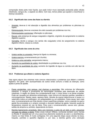 42
composição desta parte mais líquida, que pode incluir muco (secreção produzida pelas células
intestinais), sangue etc, o aspecto se altera. Com isso, temos pistas que ajudam a reconhecer a
doença causadora.
6.6.2 Significado das cores das fezes ou diarréia
-

Amarela: deve-se à má absorção e digestão dos alimentos por problemas no pâncreas ou
fígado;

-

Esbranquiçada: deve-se a excesso de urato causado por problemas nos rins;

-

Esbranquiçada e gordurosa: inflamação no pâncreas;

-

Escura: pela presença de sangue coagulado e digerido, originário de sangramento no sistema
digestivo superior;

-

Vermelha: devido a sangue vivo (ainda não coagulado) vindo de sangramento no sistema
digestivo inferior, cloaca ou oviduto.

6.6.3 Significado das cores da urina
-

Uratos verdes ou amarelos: doença do fígado ou anorexia;

-

Uratos marrons: envenenamento por chumbo;

-

Uratos ou urina vermelha: sangramento interno;

-

Aumento na quantidade de uratos: desidratação ou problemas nos rins;

-

Aumento na quantidade de urina: aumento da ingestão de água ou comida com alto teor de
água.

6.6.4 Problemas que afetam o sistema digestivo
Veja agora alguns dos sintomas mais comuns relacionados a problemas que afetam o sistema
digestivo. Em geral, vêm acompanhados de outros sinais comuns a todas as doenças, como
apatia e perda de apetite.
-

Fezes amolecidas, com sangue, mal cheiroso e escorridas: São sintomas de Inflamação
Intestinal. O sangue é proveniente de hemorragias causadas pela destruição de células
intestinais. A região da cloaca fica constantemente suja, o corpo tenso e as penas eriçadas.
Pode ser causada por alimentos embolorados, mais comuns em épocas quentes, parasitas e
microorganismos. Nestes casos, aparece febre. Através de exame determina-se a causa e o
veterinário indica um antifúngico, um antiparasitário ou um antibiótico. Outra causa, bem mais
rara, é envenenamento por tinta devido a bicar superfícies pintadas, como a parede na qual a
gaiola fica encostada ou o próprio cromado e dourado habitual da gaiola, havendo queda da
temperatura corporal em vez de febre. Para curar o envenenamento, usa-se soro, glicose,
sulfato de atropina ou antídoto, dependendo do tóxico.

-

Diarréia ligeiramente amarelada, febre com tremores e pulos de um lado a outro, pequenas
verrugas na cabeça e dedos: Estes sinais indicam Difteria, conhecida também como Varíola
ou Bouba. É causada por um vírus (poxvírus) altamente resistente ao calor e a desinfetantes,
mesmo os mais fortes. É muito contagiosa. Em uma segunda etapa causa úlceras na boca,
traquéia, pulmões e aparelho digestivo e, por isso, a diarréia ganha uma coloração

 