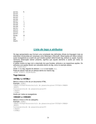 ¶
·
¸
¹
º
»
¼
½
¾
¿
×
Þ
÷
&amp;
<
>
"

¶
·
¸
¹
º
»
¼
½
¾
¿
×
Þ
÷
&
<
>
"

Lista de tags e atributos
Os tags apresentados aqui formam uma compilação das definições oficiais da linguagem mais as
extensões introduzidas por empresas como Netscape e Microsoft. Observações em itálico indicam
quais navegadores (e a partir de qual versão) aceitam determinado tag, atributo ou opção. Quando
nenhuma observação estiver presente, significa que aquele elemento é aceito por todos os
navegadores.
A tabela mostra os tags com a descrição de suas funções, atributos e as respectivas opções. Os
atributos e as opções devem ser colocados dentro do tag, como no exemplo abaixo.
<BR CLEAR=ALL>
Onde BR é o tag, seguido do atributo CLEAR e sua opção, ALL.
Pode-se colocar mais de um atributo dentro do mesmo tag.
<FONT SIZE=4 COLOR=BLUE>

Tags básicos
<HTML> e <HTML>
Marca o início e o fim de um documento HTML.
Exemplo: <HTML>
<HEAD><TITLE>T&iacute;tulo da p&aacute;gina</TITLE></HEAD>
<BODY>
Conte&uacute;do da p&aacute;gina<P>
</BODY>
</HTML>
Aceito por: todos os navegadores

<HEAD> e </HEAD>
Marca o início e o fim do cabeçalho.
Exemplo: <HTML>
<HEAD><TITLE>T&iacute;tulo da p&aacute;gina</TITLE></HEAD>
<BODY>
Conte&uacute;do da p&aacute;gina<P>
</BODY>
</HTML>

24

 