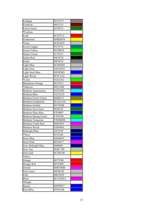 Feldspar
Firebrick
Forest Green
*Fuchsia
Gold
Goldenrod
*Gray
Green Copper
Green Yellow
Hunter Green
Indian Red
Khaki
Light Blue
Light Grey
Light Steel Blue
Light Wood
*Lime
Mandarian Orange
*Maroon
Medium Aquamarine
Medium Blue
Medium Forest Green
Medium Goldenrod
Medium Orchid
Medium Sea Green
Medium Slate Blue
Medium Spring Green
Medium Turquoise
Medium Violet Red
Medium Wood
Midnight Blue
*Navy
Neon Blue
Neon Pink
New Midnight Blue
New Tan
Old Gold
*Olive
Orange
Orange Red
Orchid
Pale Green
Pink
Plum
*Purple
Quartz
Rich Blue

#D19275
#8E2323
#238E23
#CD7F32
#DBDB70
#C0C0C0
#527F76
#93DB70
#215E21
#4E2F2F
#9F9F5F
#C0D9D9
#A8A8A8
#8F8FBD
#E9C2A6
#32CD32
#E47833
#8E236B
#32CD99
#3232CD
#6B8E23
#EAEAAE
#9370DB
#426F42
#7F00FF
#7FFF00
#70DBDB
#DB7093
#A68064
#2F2F4F
#23238E
#4D4DFF
#FF6EC7
#00009C
#EBC79E
#CFB53B
#FF7F00
#FF2400
#DB70DB
#8FBC8F
#BC8F8F
#EAADEA
#D9D9F3
#5959AB

37

 