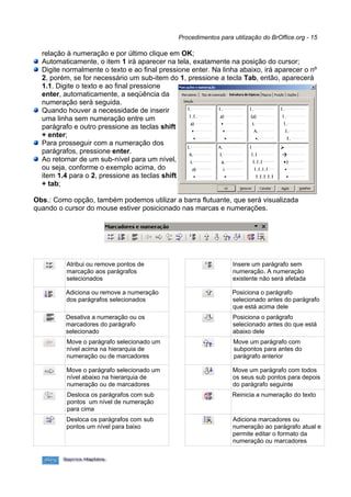 Procedimentos para utilização do BrOffice.org - 15

  relação à numeração e por último clique em OK;
  Automaticamente, o item 1 irá aparecer na tela, exatamente na posição do cursor;
  Digite normalmente o texto e ao final pressione enter. Na linha abaixo, irá aparecer o nº
  2, porém, se for necessário um sub-item do 1, pressione a tecla Tab, então, aparecerá
  1.1. Digite o texto e ao final pressione
  enter, automaticamente, a seqüência da
  numeração será seguida.
  Quando houver a necessidade de inserir
  uma linha sem numeração entre um
  parágrafo e outro pressione as teclas shift
  + enter;
  Para prosseguir com a numeração dos
  parágrafos, pressione enter.
  Ao retornar de um sub-nível para um nível,
  ou seja, conforme o exemplo acima, do
  item 1.4 para o 2, pressione as teclas shift
  + tab;

Obs.: Como opção, também podemos utilizar a barra flutuante, que será visualizada
quando o cursor do mouse estiver posicionado nas marcas e numerações.




          Atribui ou remove pontos de                            Insere um parágrafo sem
          marcação aos parágrafos                                numeração. A numeração
          selecionados                                           existente não será afetada

         Adiciona ou remove a numeração                          Posiciona o parágrafo
         dos parágrafos selecionados                             selecionado antes do parágrafo
                                                                 que está acima dele
         Desativa a numeração ou os                              Posiciona o parágrafo
         marcadores do parágrafo                                 selecionado antes do que está
         selecionado                                             abaixo dele
          Move o parágrafo selecionado um                        Move um parágrafo com
          nível acima na hierarquia de                           subpontos para antes do
          numeração ou de marcadores                             parágrafo anterior

          Move o parágrafo selecionado um                        Move um parágrafo com todos
          nível abaixo na hierarquia de                          os seus sub pontos para depois
          numeração ou de marcadores                             do parágrafo seguinte
          Desloca os parágrafos com sub                          Reinicia a numeração do texto
          pontos um nível de numeração
          para cima
          Desloca os parágrafos com sub                          Adiciona marcadores ou
          pontos um nível para baixo                             numeração ao parágrafo atual e
                                                                 permite editar o formato da
                                                                 numeração ou marcadores
 